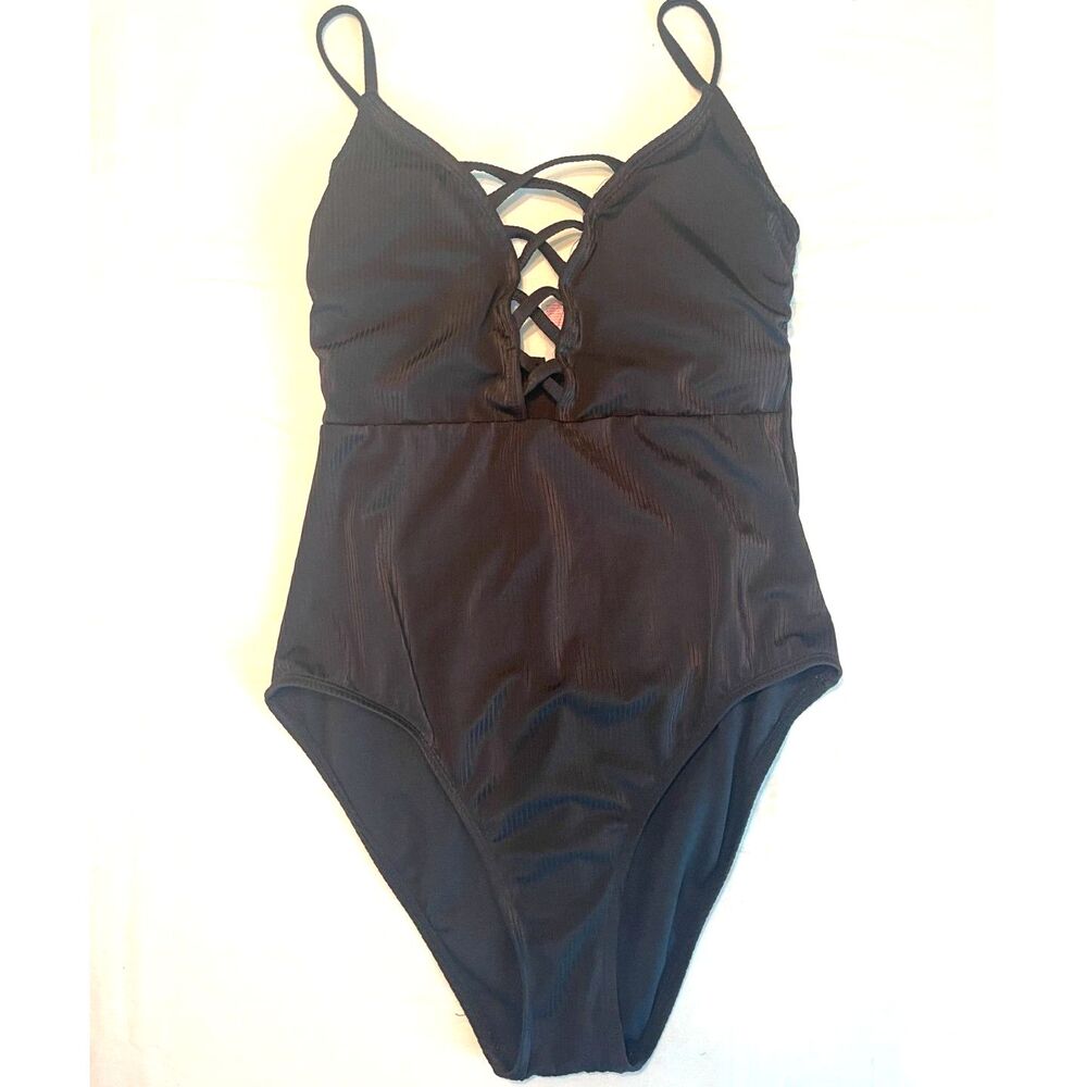 Women's NOBO Black Bathing Suit Crisscross Neckline High Leg One Piece L 11/13